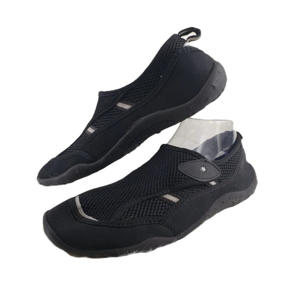 SAND-N-SUN Black Water Shoes Aqua Socks Adjust Hook & Loop Closure Mens Sz 9/10